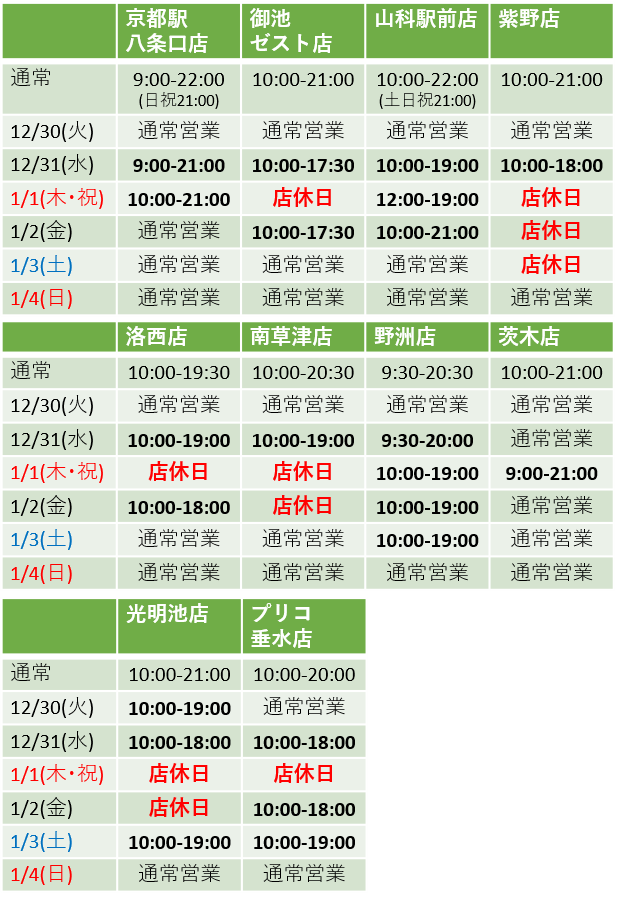 年末年始営業案内